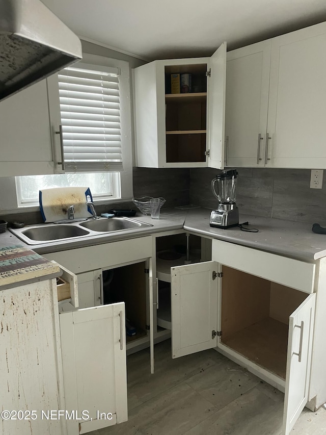 kitchen with backsplash, ventilation hood, sink, and white cabinets