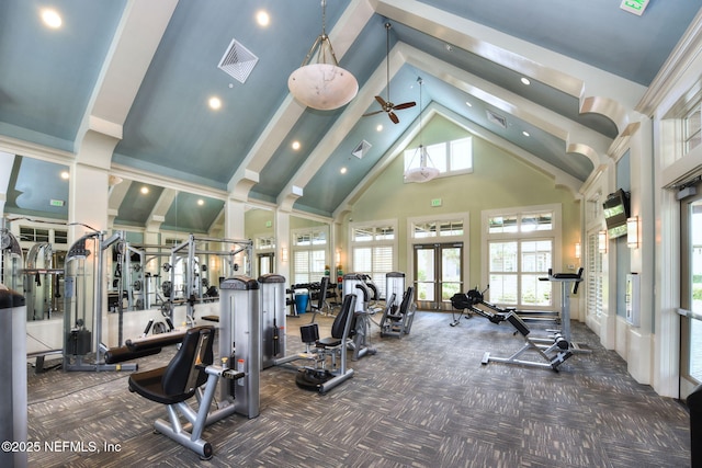 exercise room with french doors, plenty of natural light, high vaulted ceiling, and carpet