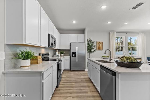 kitchen with white cabinetry, sink, stainless steel appliances, and an island with sink