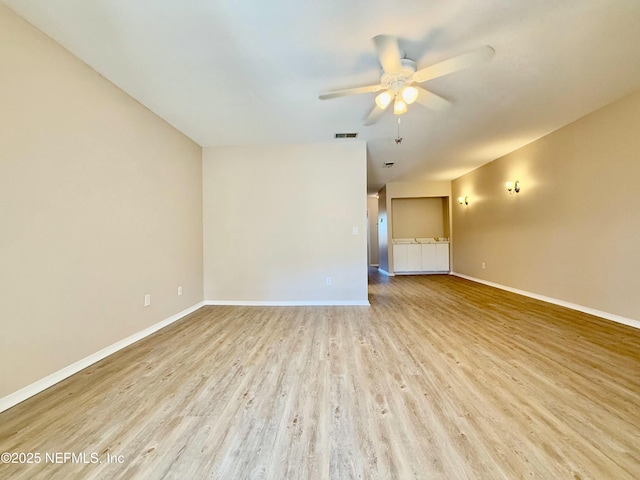 empty room with ceiling fan and light hardwood / wood-style floors