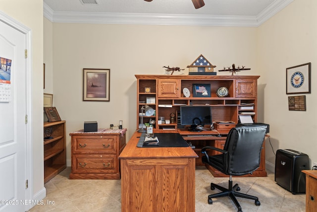 office area featuring crown molding, light tile patterned flooring, and ceiling fan