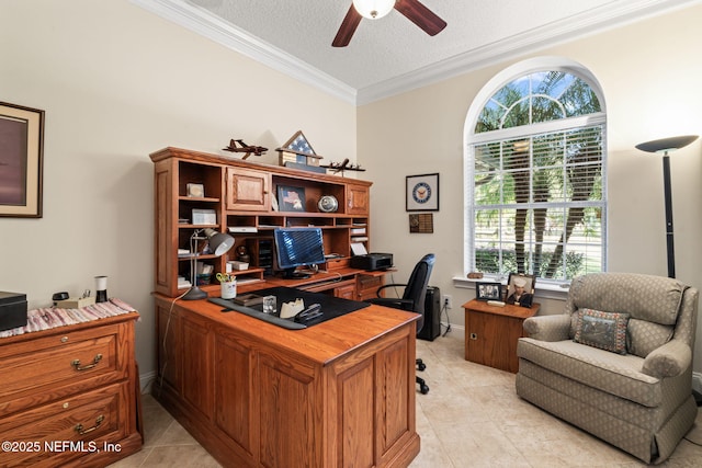 home office with ceiling fan, ornamental molding, a textured ceiling, and light tile patterned floors