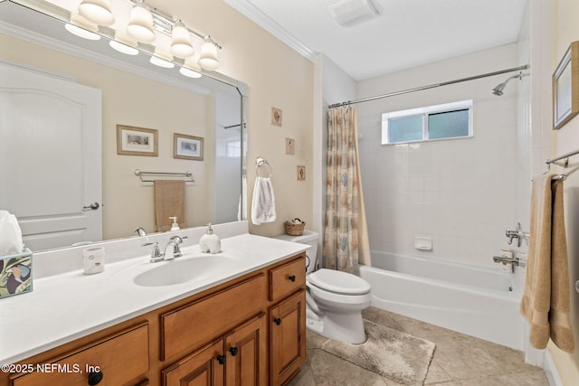 full bathroom with tile patterned floors, toilet, crown molding, vanity, and shower / bath combo with shower curtain