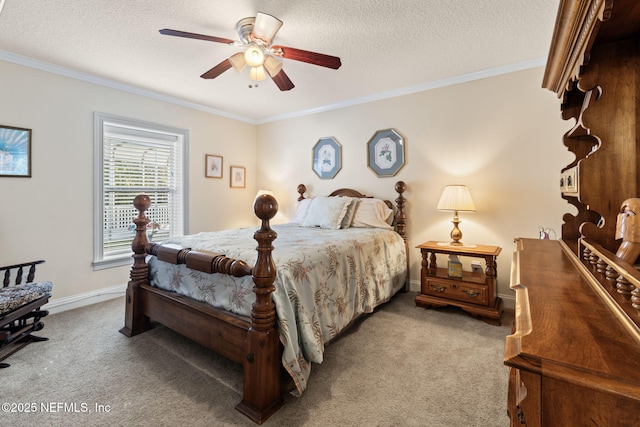 bedroom with crown molding, ceiling fan, light colored carpet, and a textured ceiling