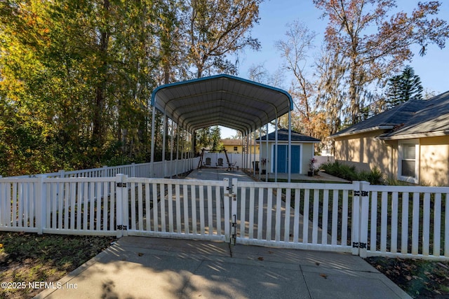 exterior space featuring a shed