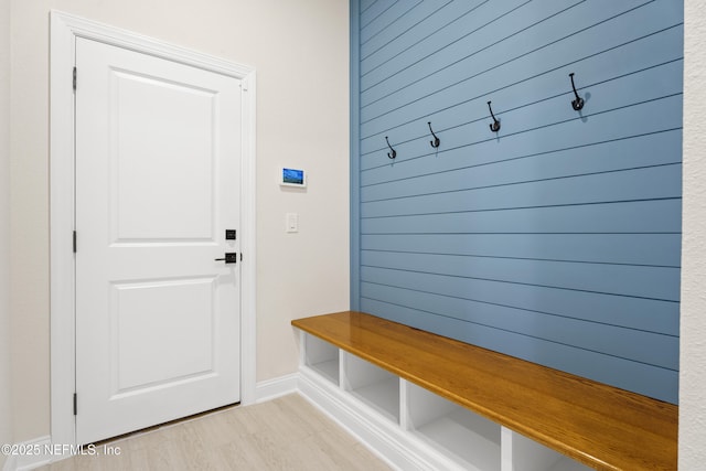 mudroom with wood walls and light wood-type flooring