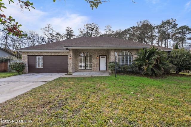 ranch-style house with a garage, a front lawn, and a porch