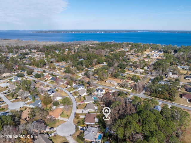 drone / aerial view featuring a water view