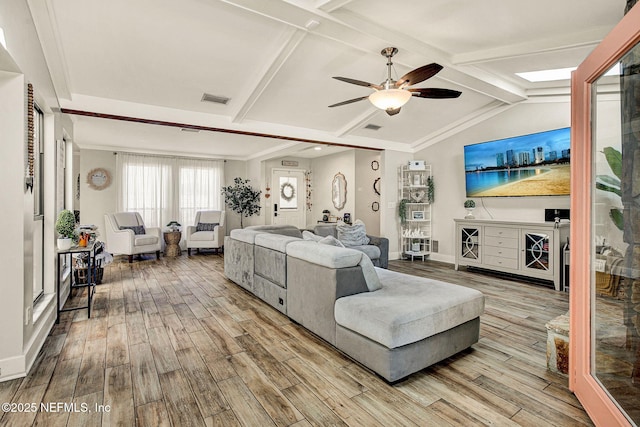 living room featuring lofted ceiling with beams, ceiling fan, and light hardwood / wood-style floors