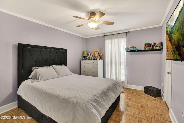 bedroom featuring ceiling fan, ornamental molding, and light parquet flooring