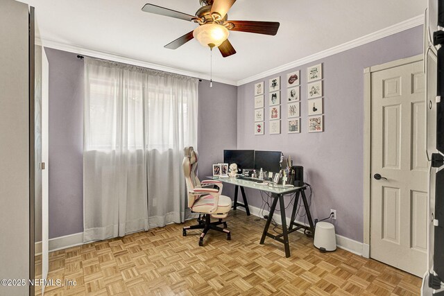 office featuring light parquet floors, ornamental molding, and ceiling fan