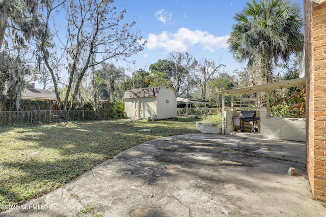 view of yard featuring a storage shed and a patio