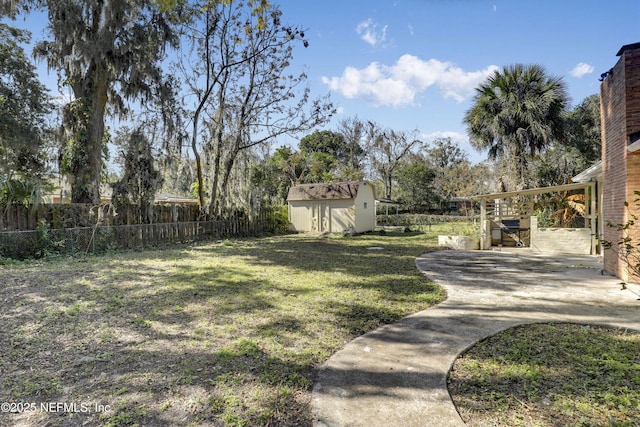 view of yard with a storage unit and a patio area