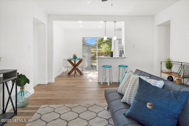 living room featuring hardwood / wood-style floors and ceiling fan