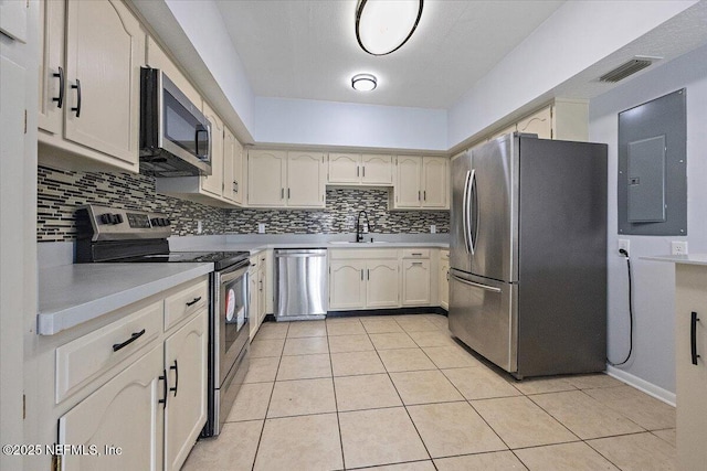 kitchen featuring sink, backsplash, stainless steel appliances, electric panel, and light tile patterned flooring