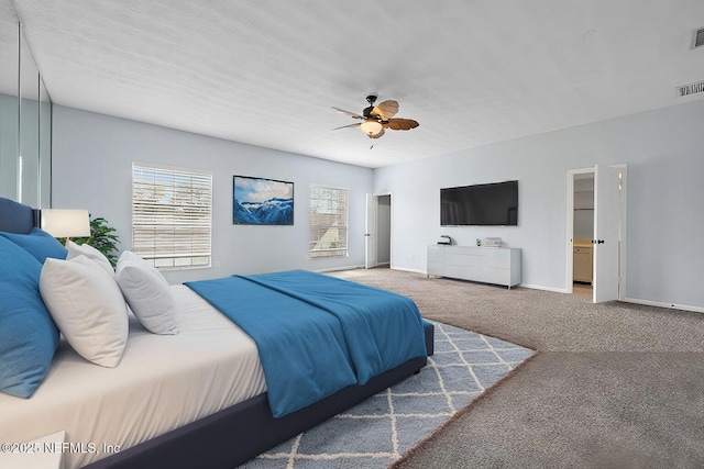 bedroom featuring carpet flooring and ceiling fan