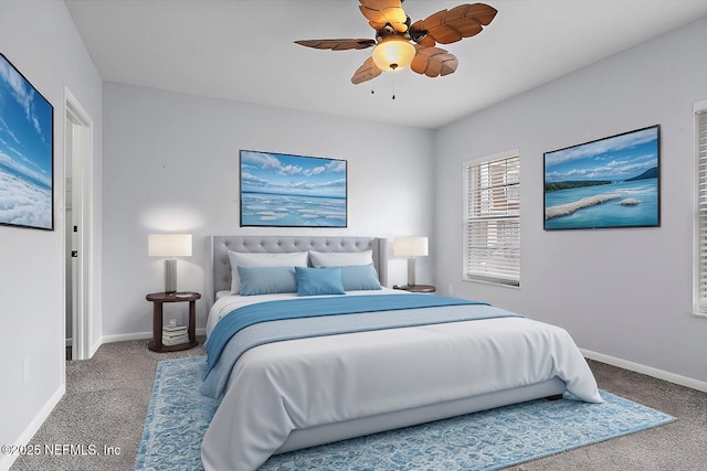 bedroom with ceiling fan and carpet flooring