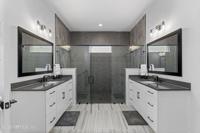 bathroom featuring vanity and an enclosed shower