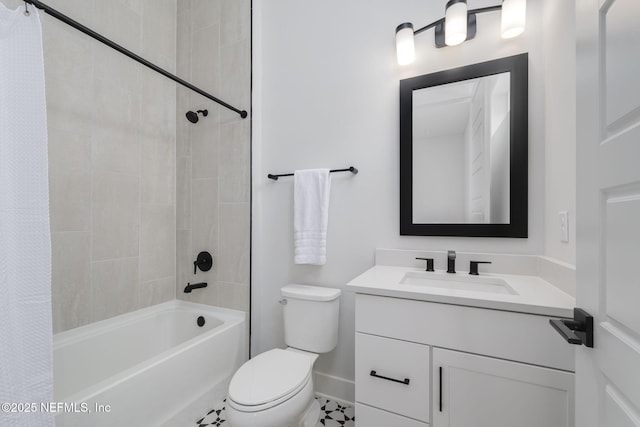 full bathroom with vanity, shower / tub combo, tile patterned floors, and toilet