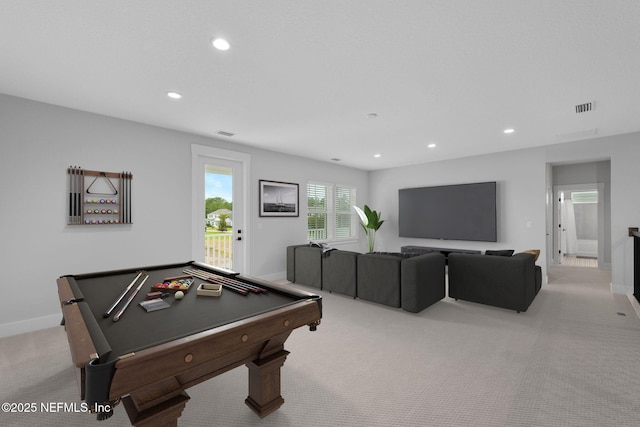 rec room with light carpet and billiards