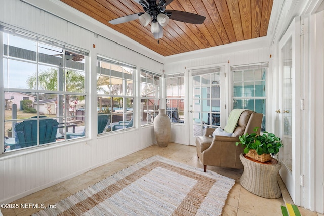 sunroom featuring wooden ceiling and ceiling fan