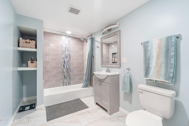 full bathroom featuring vanity, shower / tub combo, and toilet