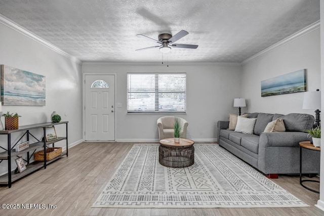 living room with ornamental molding, hardwood / wood-style floors, ceiling fan, and a textured ceiling