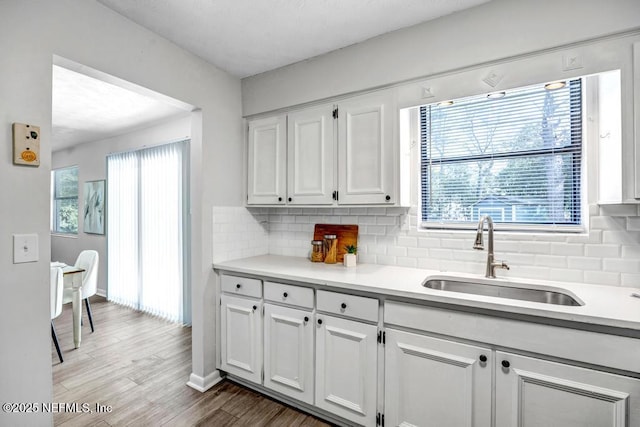 kitchen with tasteful backsplash, white cabinetry, sink, and a healthy amount of sunlight