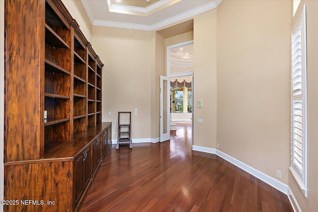 hallway featuring dark wood finished floors, a high ceiling, baseboards, and ornamental molding