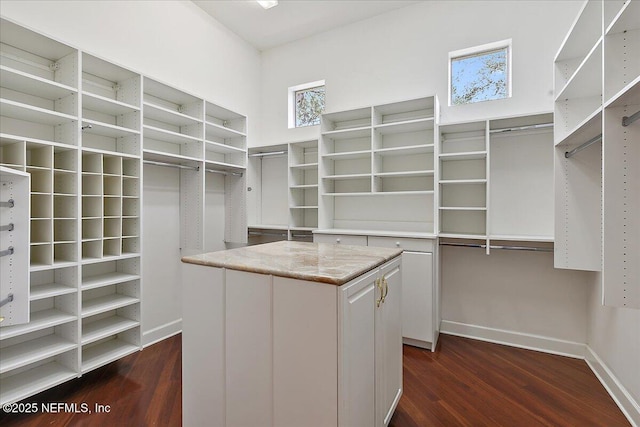 walk in closet featuring dark wood-style flooring