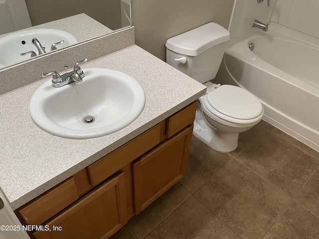 full bathroom with bathtub / shower combination, vanity, toilet, and tile patterned flooring