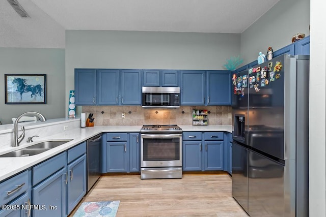 kitchen featuring blue cabinetry, sink, tasteful backsplash, appliances with stainless steel finishes, and light hardwood / wood-style floors