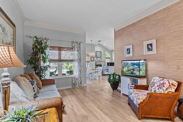 living room with crown molding, vaulted ceiling, and light wood-type flooring