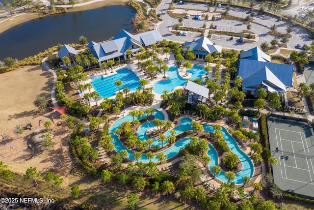 drone / aerial view featuring a water view