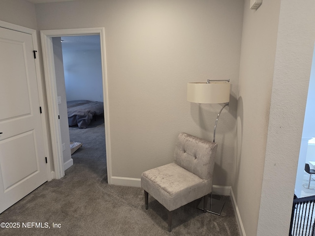 living area with baseboards and carpet floors