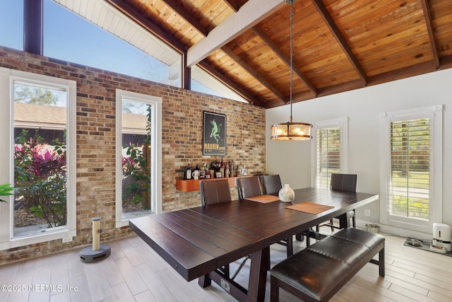 dining room with beamed ceiling, brick wall, and wooden ceiling