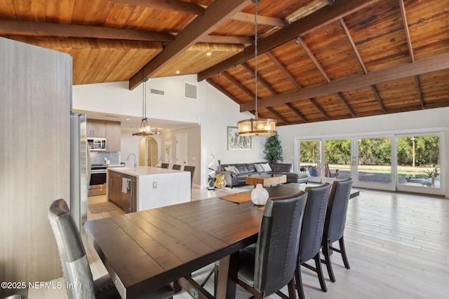 dining room featuring beam ceiling, wood ceiling, light hardwood / wood-style floors, and an inviting chandelier