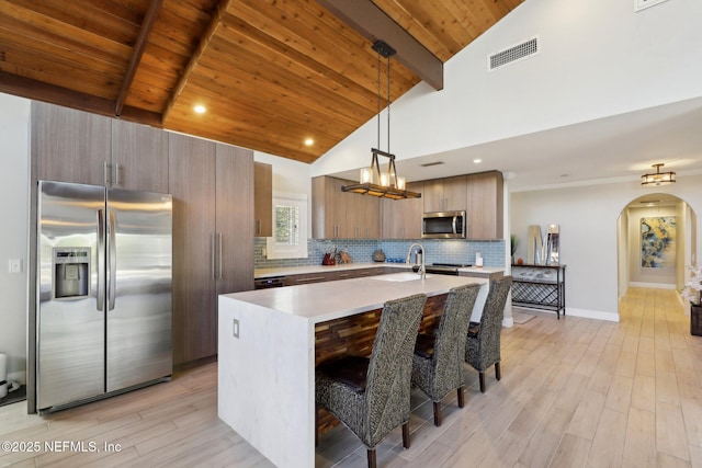 kitchen featuring a breakfast bar area, hanging light fixtures, wood ceiling, stainless steel appliances, and a center island with sink