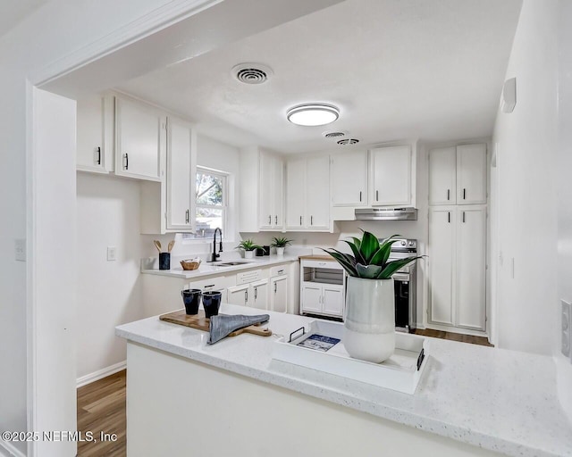 kitchen with sink, wood-type flooring, kitchen peninsula, and white cabinets