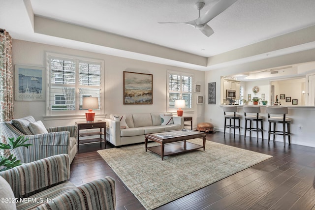 living room featuring a healthy amount of sunlight, dark hardwood / wood-style floors, and a raised ceiling