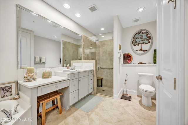 full bathroom featuring independent shower and bath, vanity, tile patterned floors, and toilet