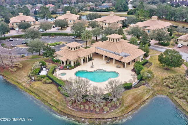 aerial view featuring a water view