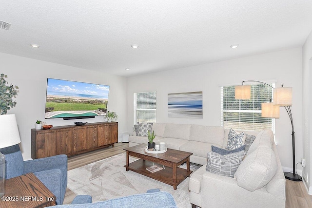 living room with a textured ceiling and light wood-type flooring