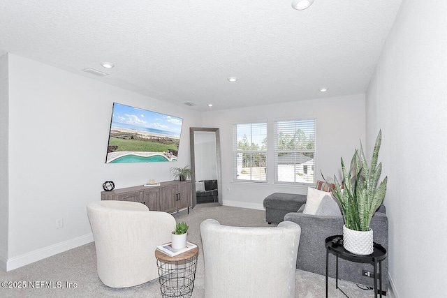 living room featuring light colored carpet and a textured ceiling