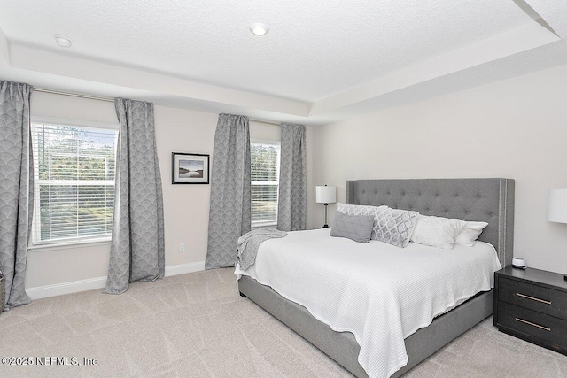 carpeted bedroom featuring a tray ceiling and a textured ceiling