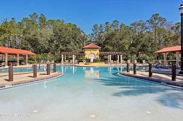 view of swimming pool featuring a patio and a pergola