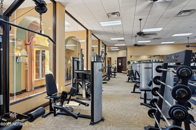 exercise room with a paneled ceiling and light carpet