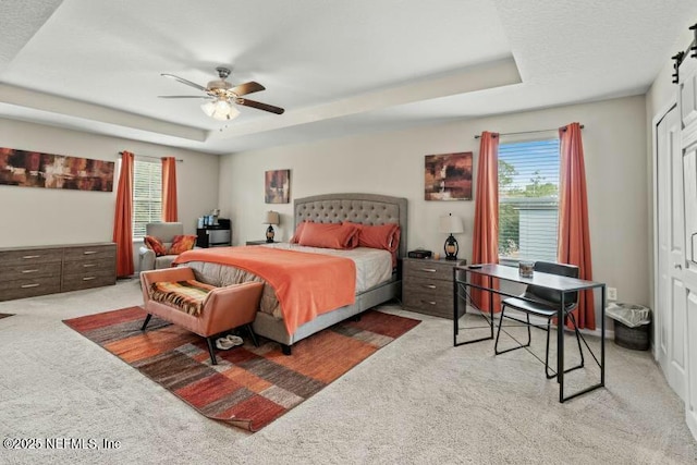 bedroom featuring a raised ceiling, carpet flooring, ceiling fan, and a closet