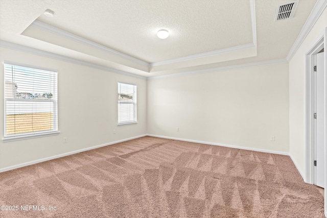 empty room featuring crown molding, carpet flooring, and a tray ceiling