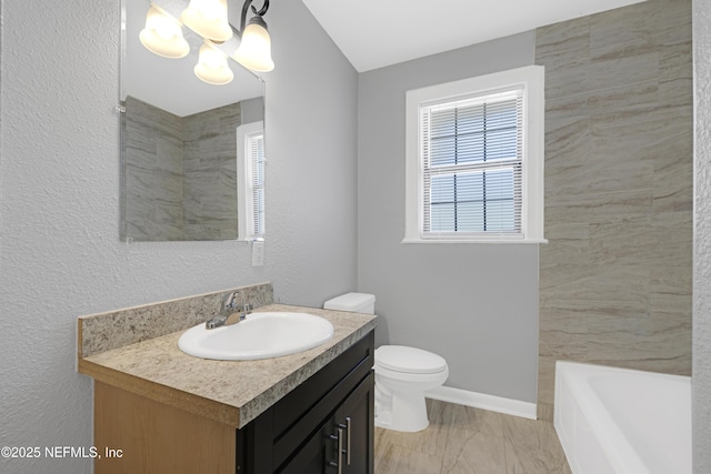 full bathroom with vanity, a chandelier, plus walk in shower, and toilet